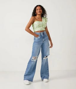 Calça Wide Leg Cintura Alta Em Jeans Com Rasgos E Barra A Fio Azul